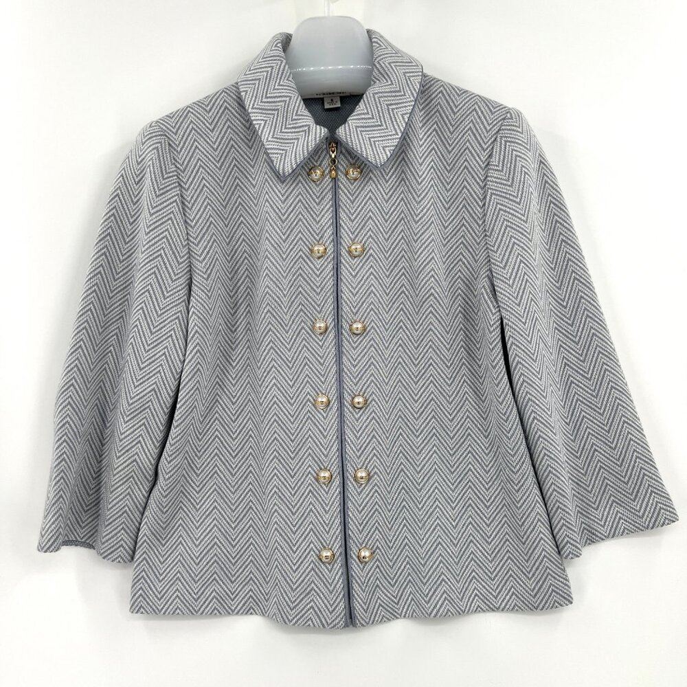 Vintage St John Gray Chevron Zip-Front Jacket With Pearl Buttons Size 6